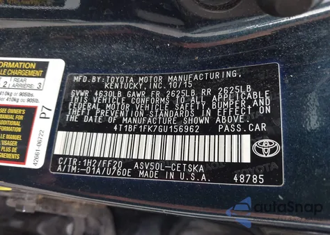 2016 Toyota Camry Se из США, поврежденный, VIN 4T1BF1FK7GU156962